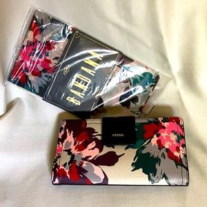 NWT Fossil Logan Tab RFID Floral Leather Wallet